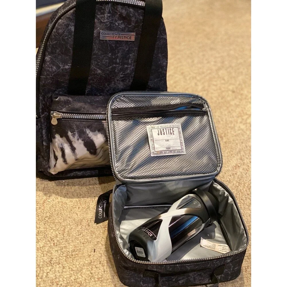 Justice Backpack Set Collect X  3Pc Tie Dye Bl n Wt Silver lunch box bottle NWOT